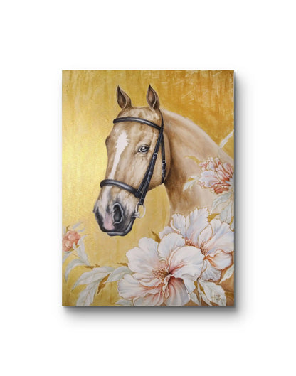 Acrylgemälde Pferd mit Blumen – Palomino im Profil, handgemalt, zeitlos elegant