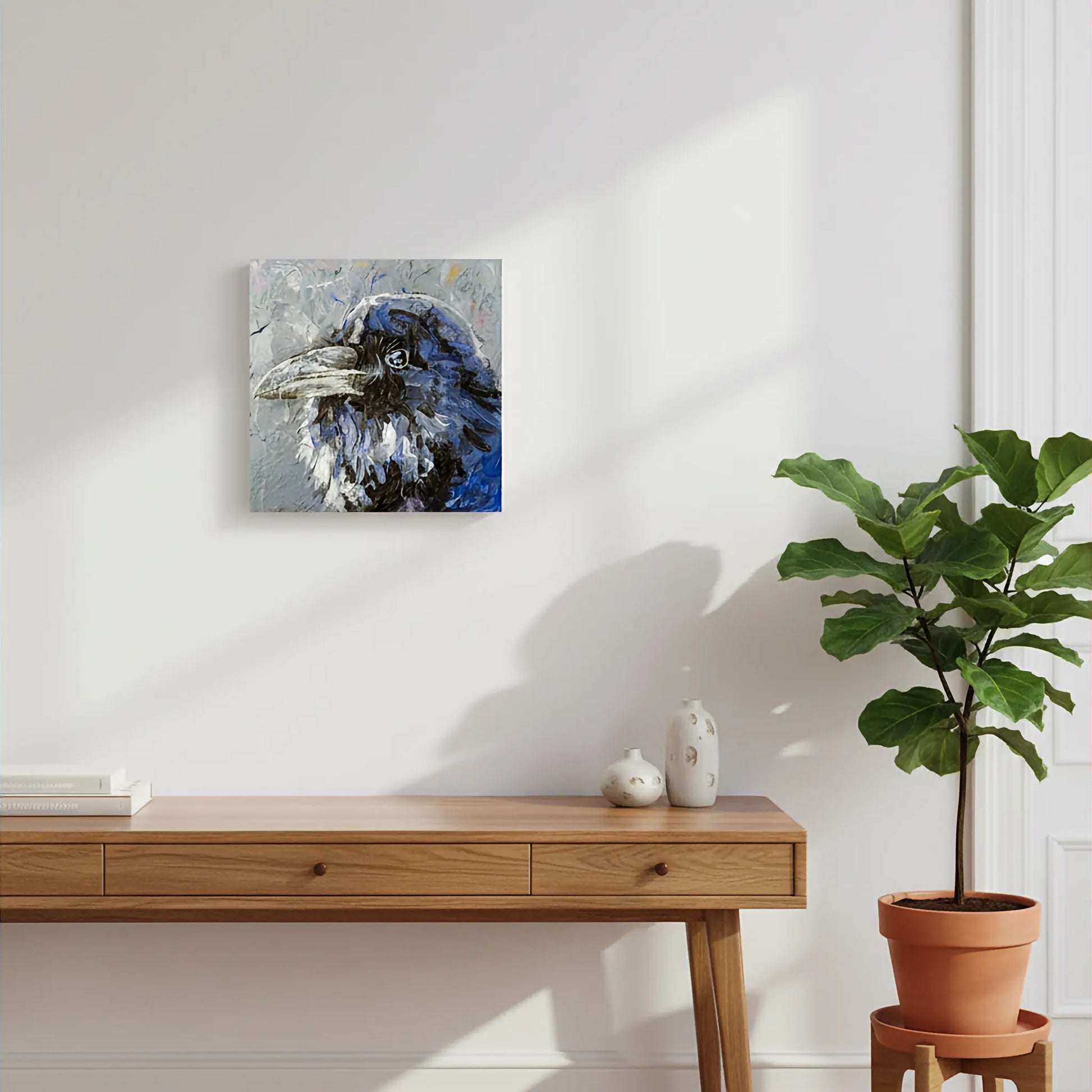 Handgemaltes Krähe Gemälde auf Leinwand, intelligentes Tierportrait, Acrylbild für Kommode oder Regal