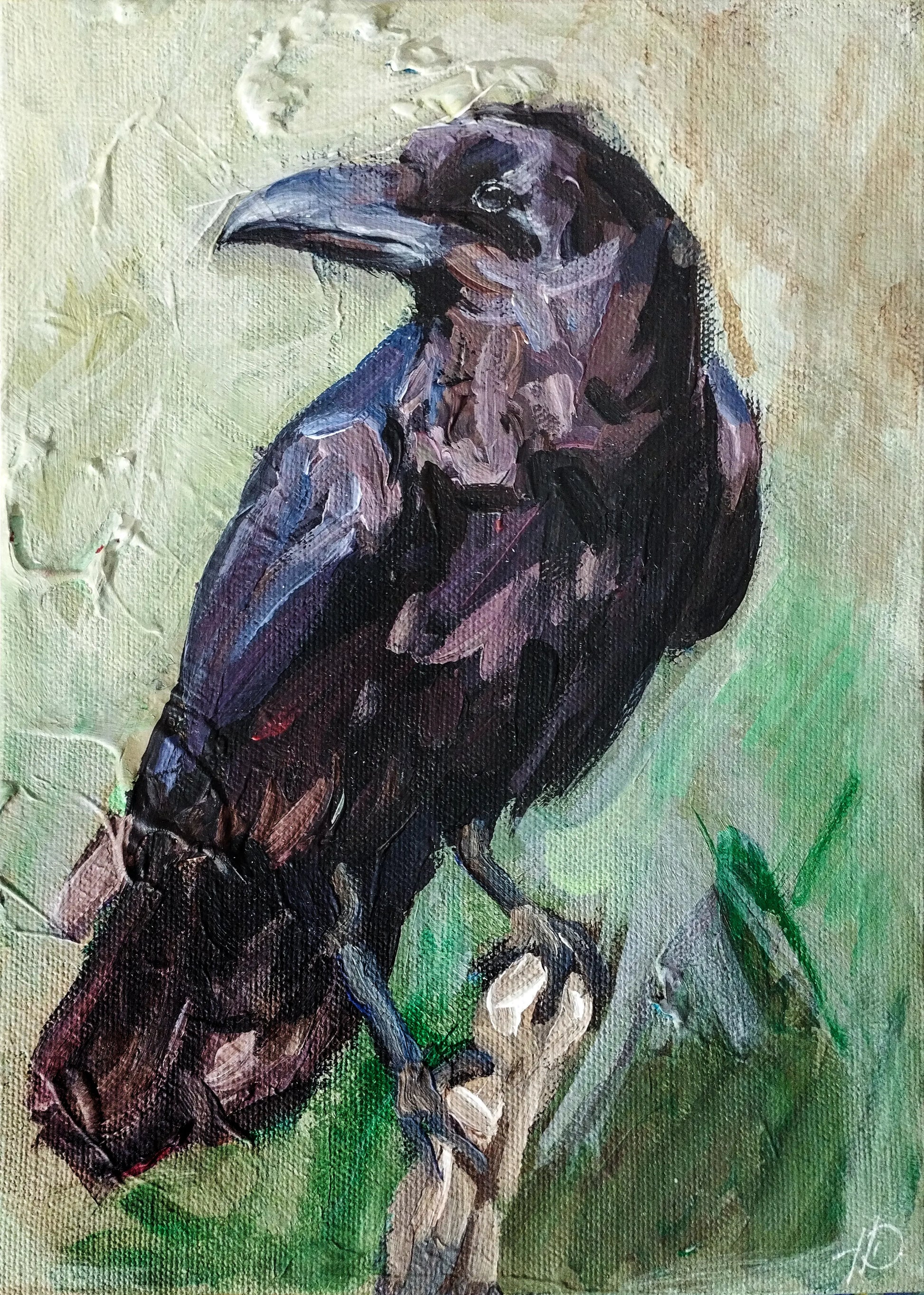 Rabe Gemälde grün handgemalt – Acrylbild Tierportrait, Tierkunst kaufen