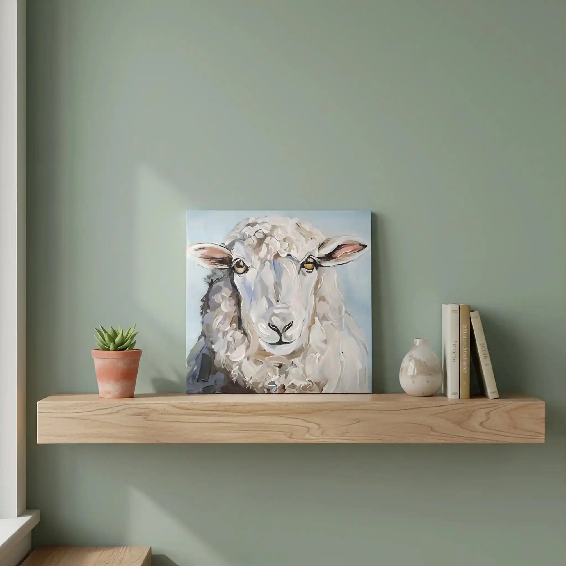 Handgemaltes Schaf Gemälde auf Leinwand, ruhiges Tierportrait für Kommode oder Rega
