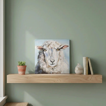Handgemaltes Schaf Gemälde auf Leinwand, ruhiges Tierportrait für Kommode oder Rega