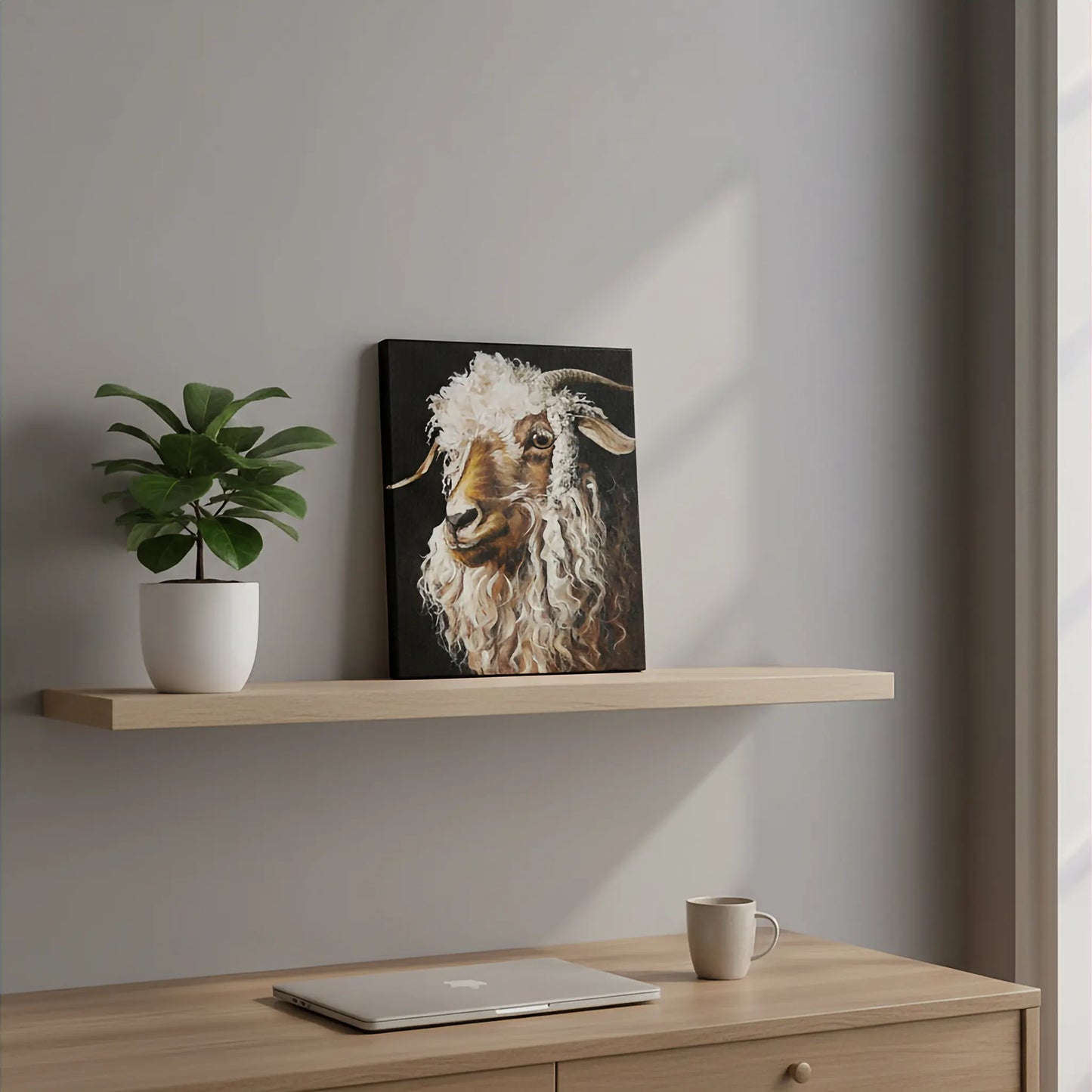 Handgemaltes Schafziege Gemälde auf Leinwand, dekoratives Acrylbild für Kommode oder Regal