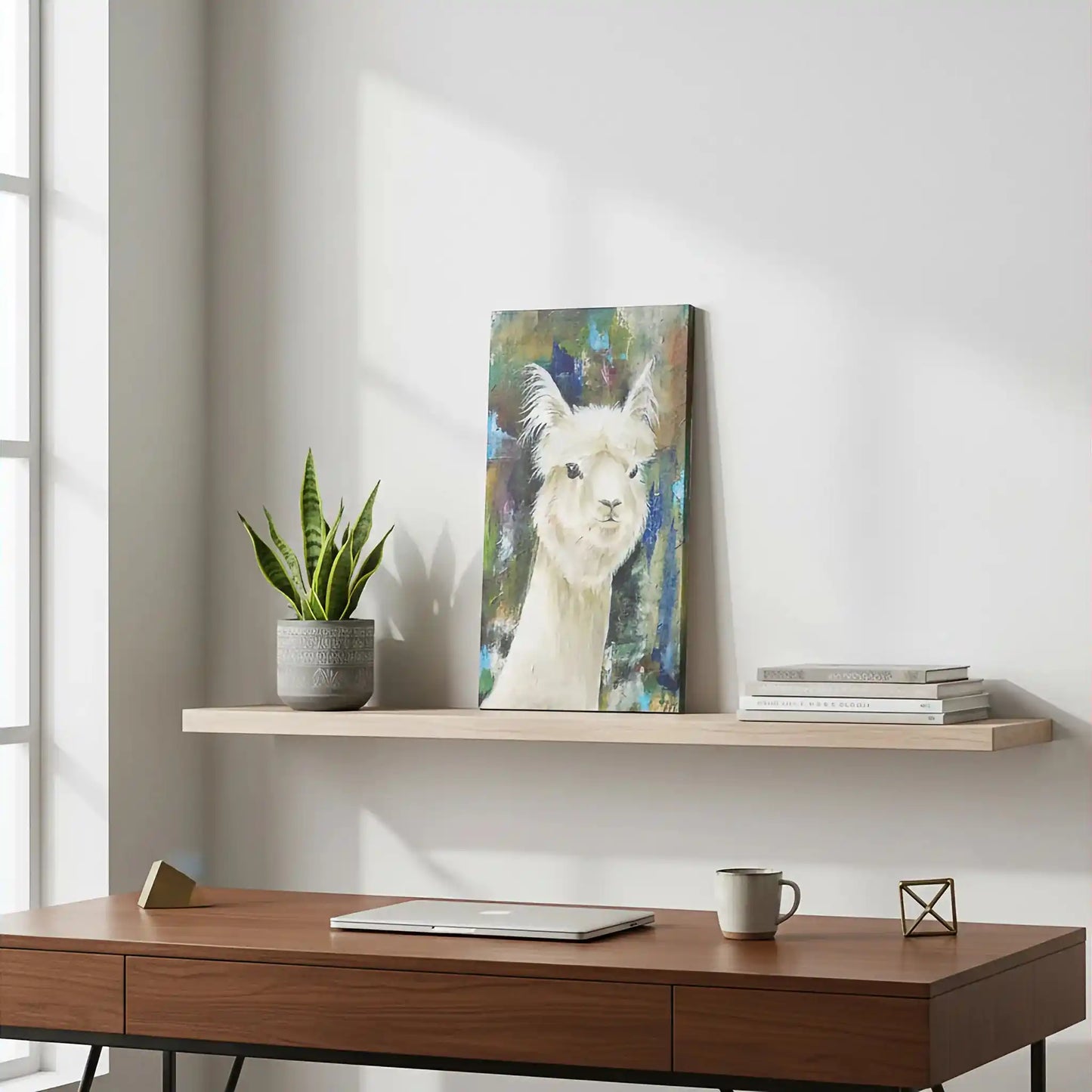 Handgemaltes Lama Gemälde auf Leinwand, humorvolles Tierportrait, Acrylbild für Kommode oder Regal