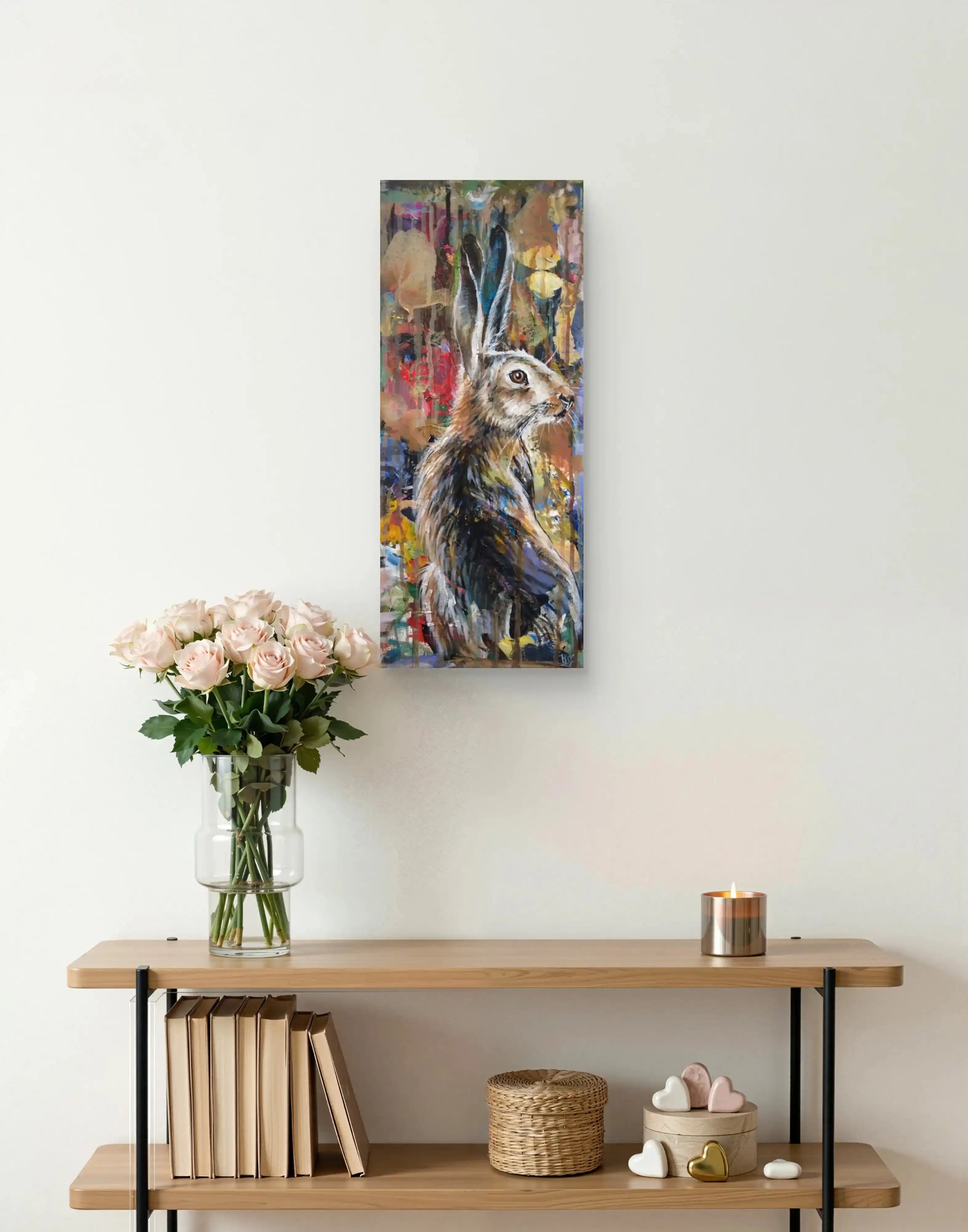 Handgemaltes Hase Acrylgemälde 40×20 cm – springender Hase im Querformat, Hell-Dunkel-Kontrast auf Leinwand
