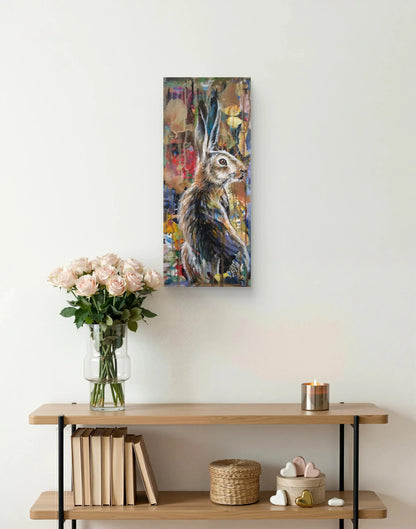 Handgemaltes Hase Acrylgemälde 40×20 cm – springender Hase im Querformat, Hell-Dunkel-Kontrast auf Leinwand