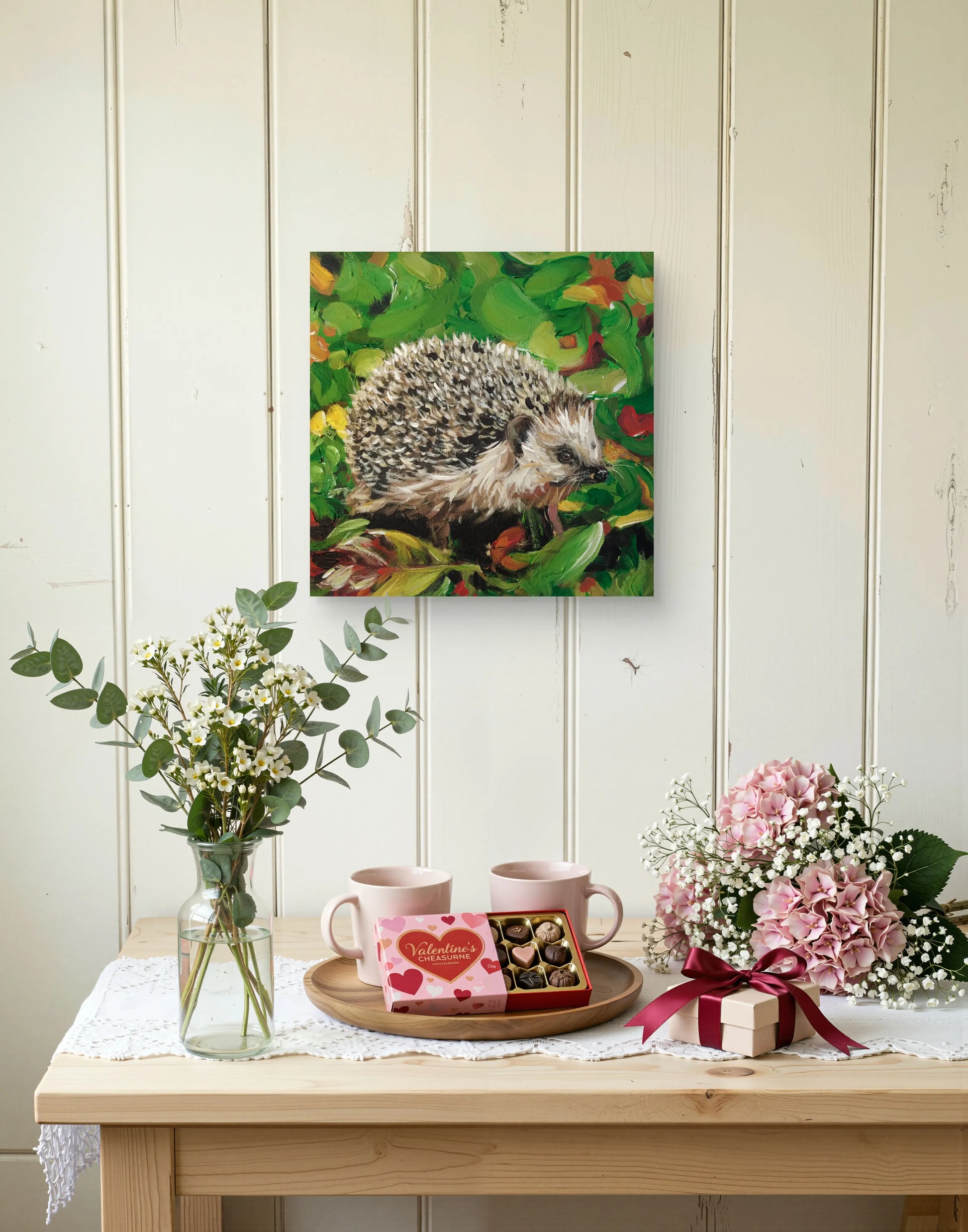 Handgemaltes Igel Gemälde auf Leinwand, pastose Stacheln, Acrylbild für Kommode oder Regal