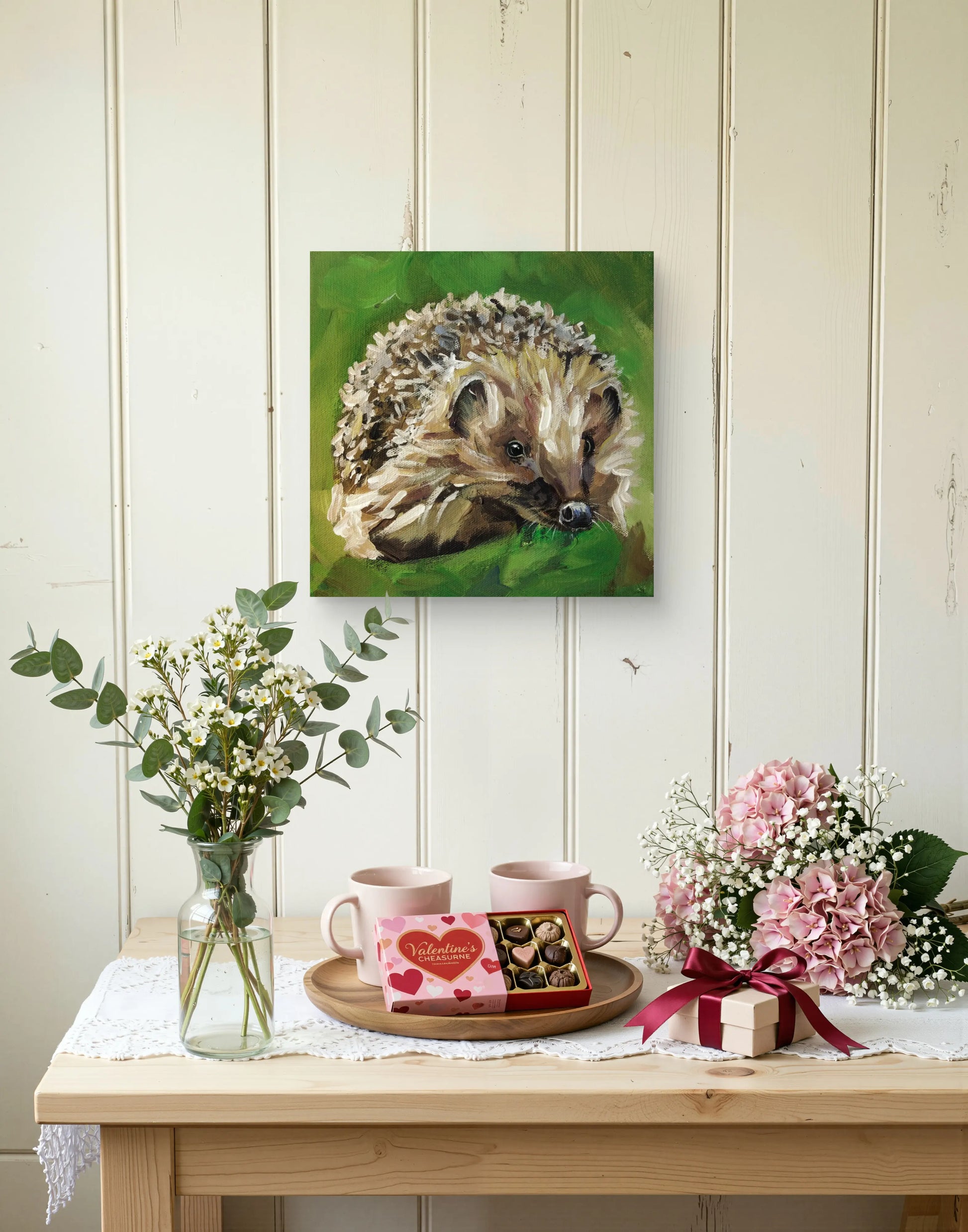 Handgemaltes Igel Gemälde auf Leinwand, offener Blick, Acrylbild für Kommode oder Regal