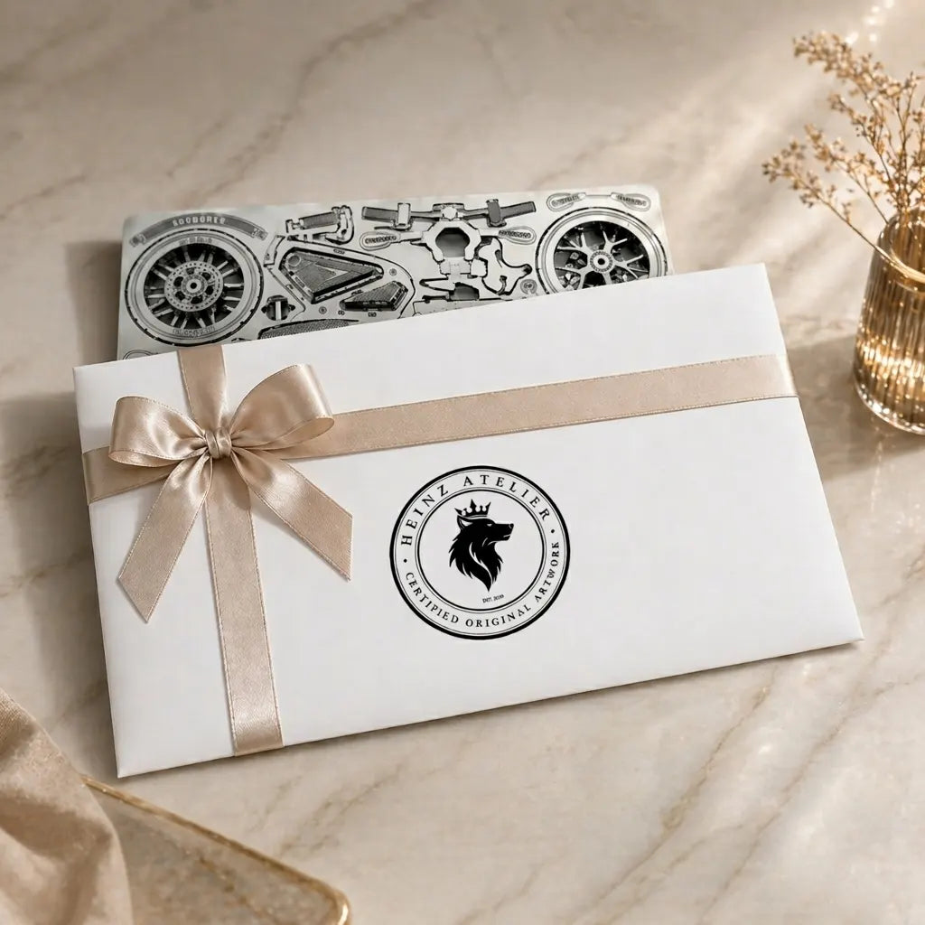 3D Metall Puzzle als Geschenk verpackt mit Schleife und Heinz Atelier Siegel.