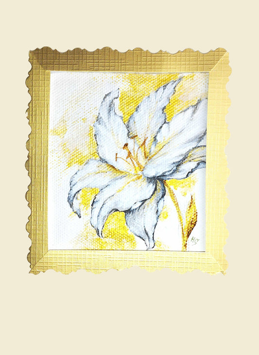 Heinz Acrylbild Handgemalte Grußkarte – "Weiße Blume im Frühling" (Aquarell, DIN A6)