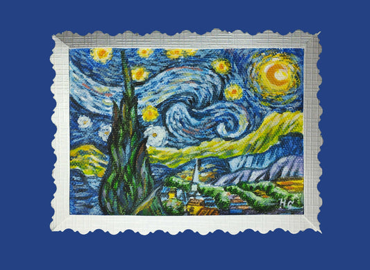 Heinz Acrylbild Handgemalte Grußkarte – "Sternennacht nach Vincent van Gogh" (Aquarell, DIN A6)
