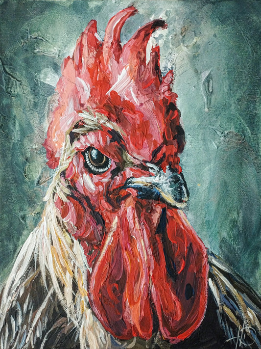 Handgemaltes Hahn Acrylgemälde 30×40 cm – leuchtendes Rot, Petrol-Hintergrund, expressiver Stil