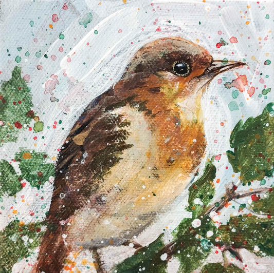 Gemälde Rotkehlchen Original – handgemaltes Original Acrylbild (10 x 10 cm)