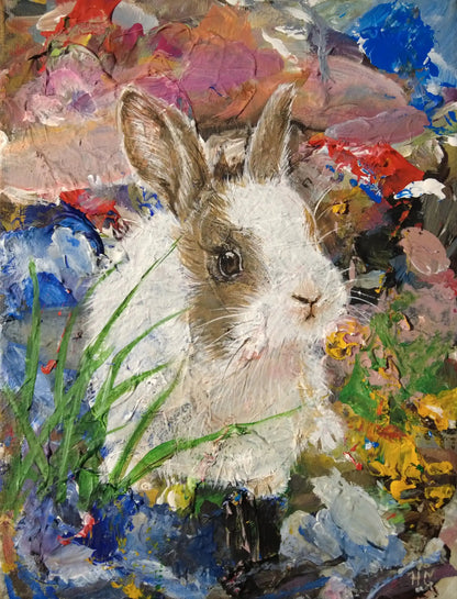 Handgemaltes Hase Acrylgemälde 30×23 cm – zartes Tierportrait in Blütenfarben auf heller Leinwand