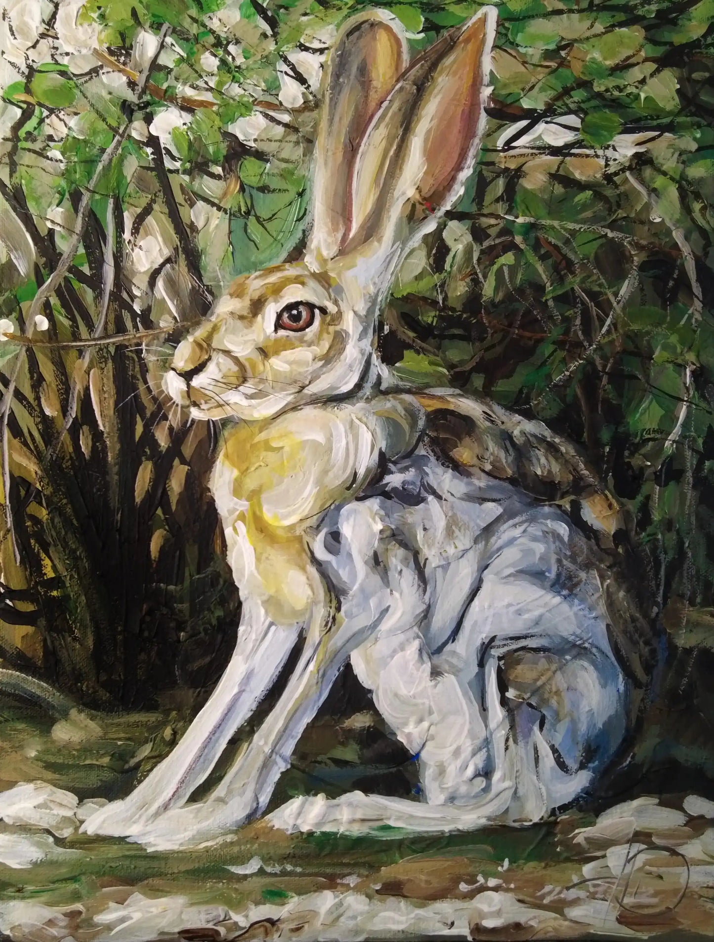 Handgemaltes Hase Acrylgemälde 30×40 cm – Feldhase im Gras, warme Erdtöne, Tierportrait auf Leinwand