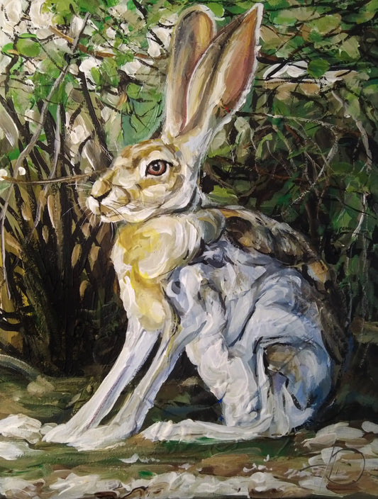 Ruhiger sitzender Hase Acrylbild auf Leinwand, sanfte Linien, Wanddeko für Wohnzimmer oder Schlafzimmer