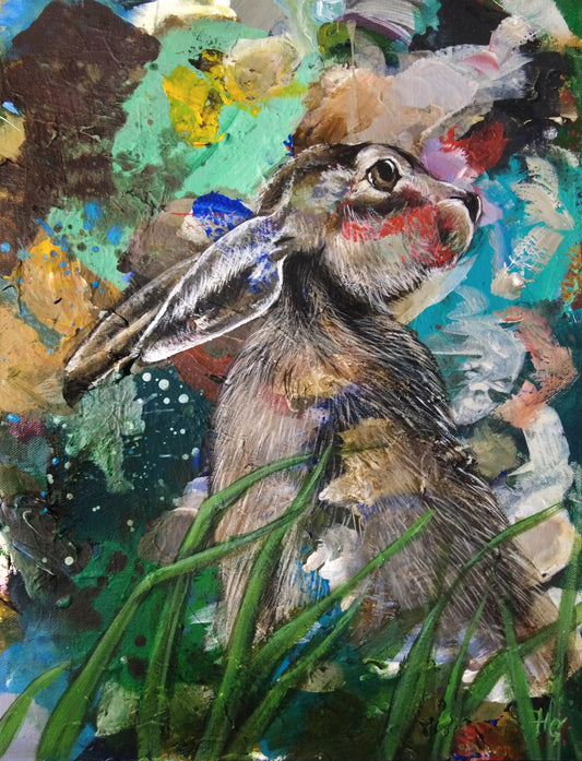 Hase inmitten explodierender Farben, Acrylbild auf Leinwand, modernes Tierporträt für Wohnzimmer