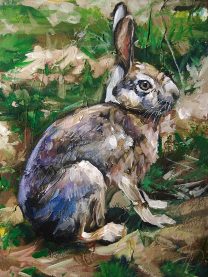 Handgemaltes Feldhase Acrylgemälde 40×30 cm – Hase im Abendlicht, Grüntöne, Tierportrait auf Leinwand