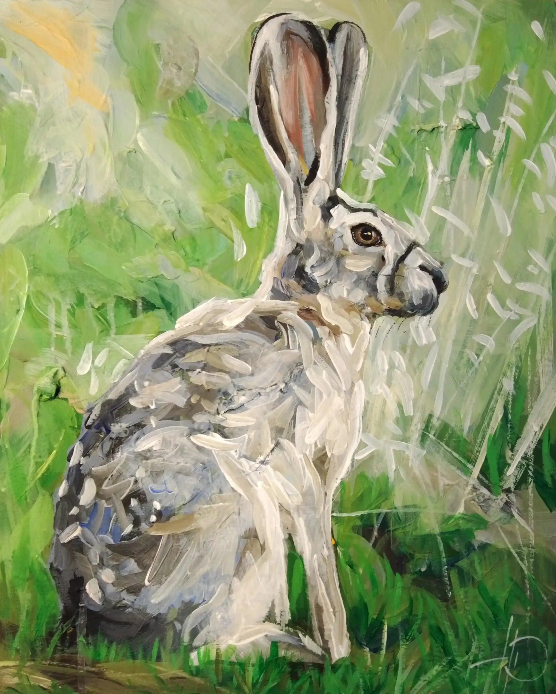 Handgemaltes Hase Acrylgemälde 40×50 cm – Feldhase im Frühlingsgrün, großformatiges Tierportrait auf Leinwand
