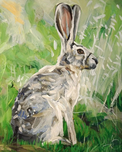 Handgemaltes Hase Acrylgemälde 40×50 cm – Feldhase im Frühlingsgrün, großformatiges Tierportrait auf Leinwand