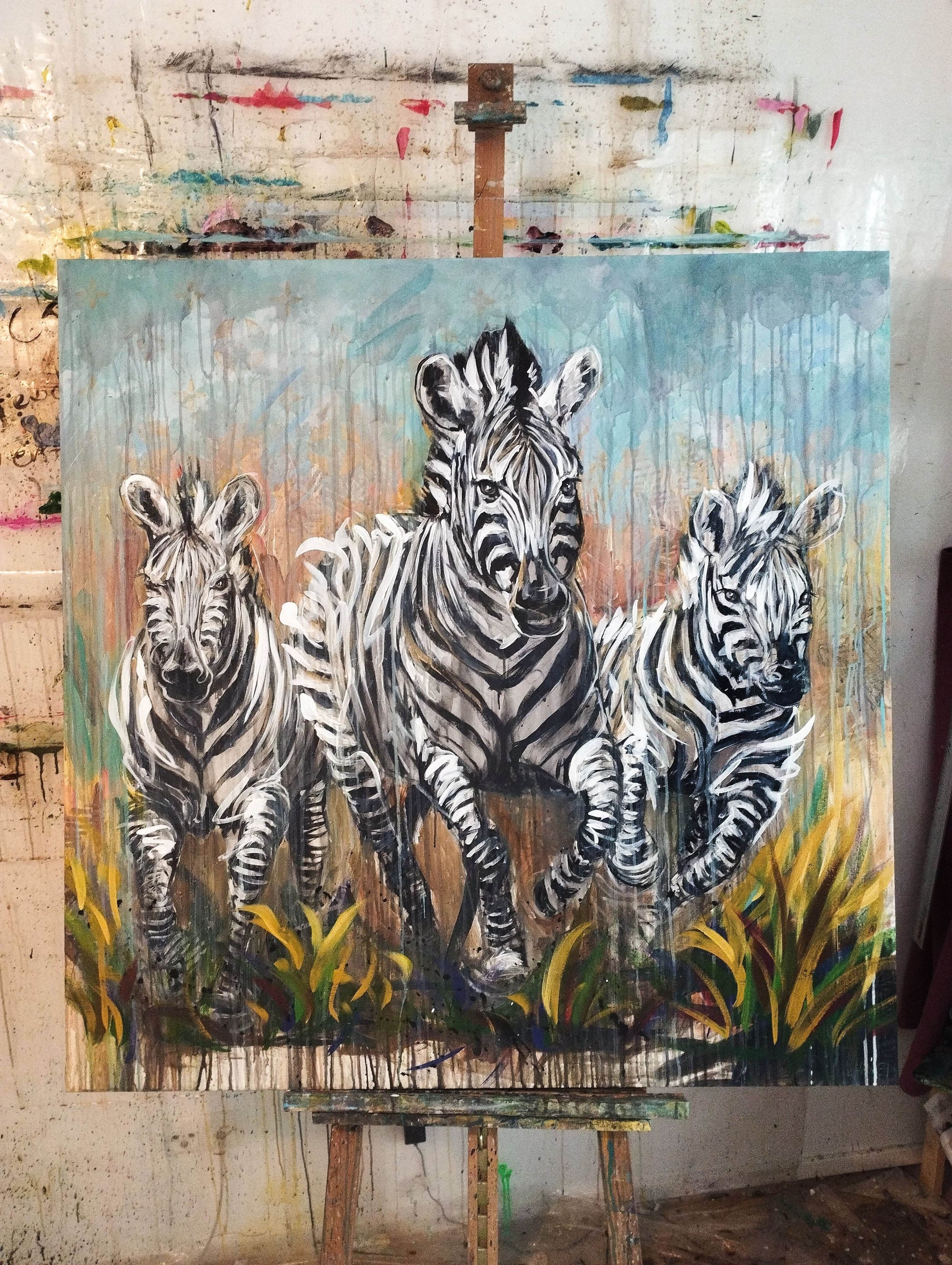 Heinz Acrylbild Wandbild drei Zebra Acryl auf Leinwand (120 x 120 cm)