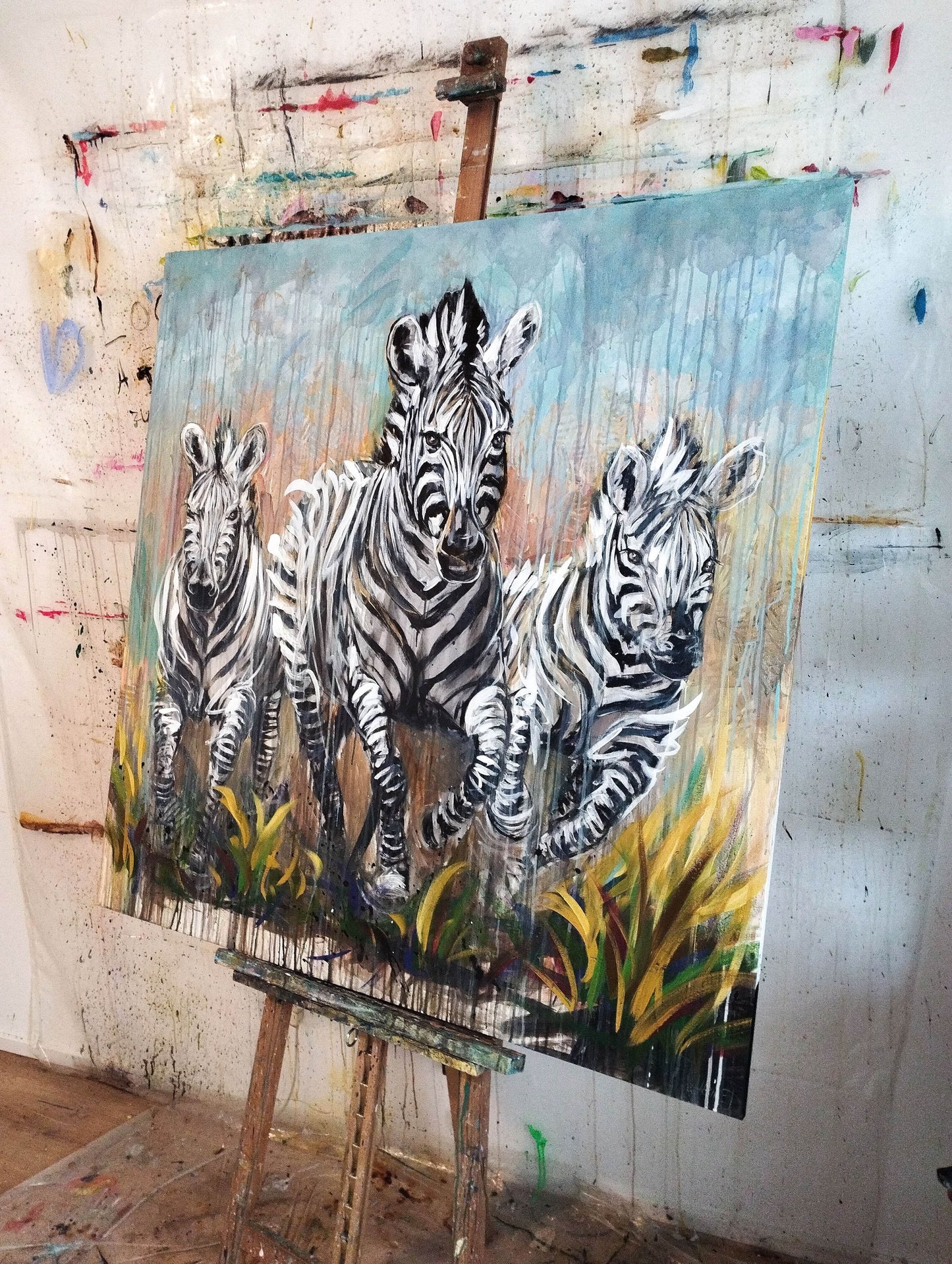 Heinz Acrylbild Wandbild drei Zebra Acryl auf Leinwand (120 x 120 cm)