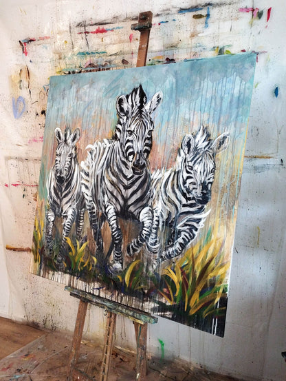 Heinz Acrylbild Wandbild drei Zebra Acryl auf Leinwand (120 x 120 cm)