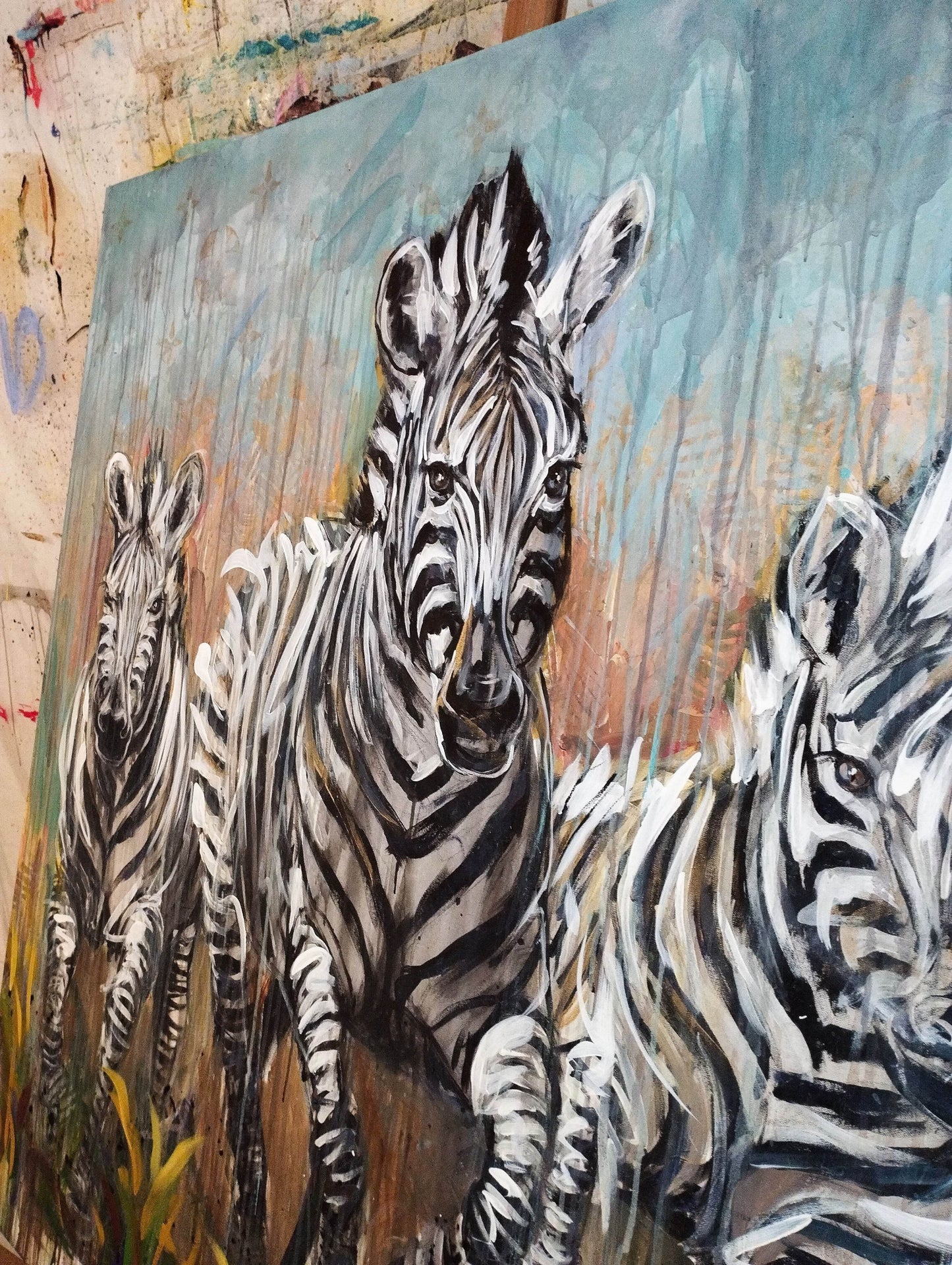 Heinz Acrylbild Wandbild drei Zebra Acryl auf Leinwand (120 x 120 cm)