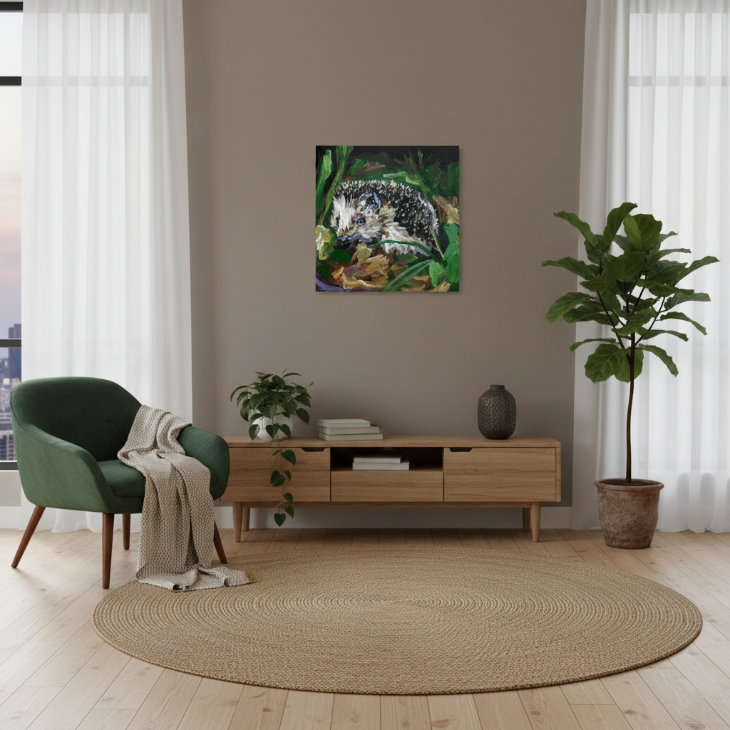 Igel-Gemälde hängt über hellem Holz-Sideboard mit großem Ficus im modernen, hellen Wohnzimmer.
