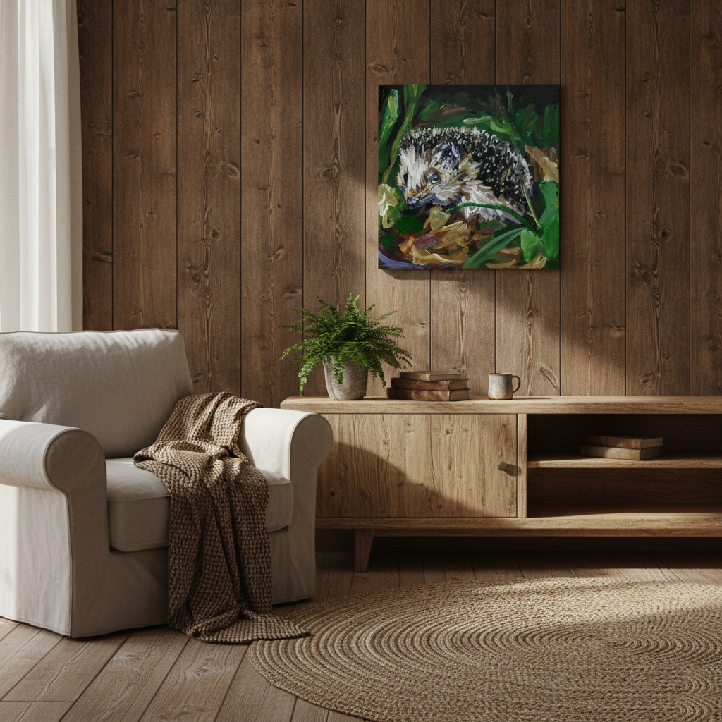 Handgemaltes Igel-Gemälde über niedrigem Holz-Sideboard vor rustikaler Holzvertäfelung und Sessel.