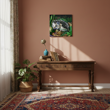 Acrylbild Igel im Laub über dunklem, antikem Holztisch vor terrakottafarbener Wand.