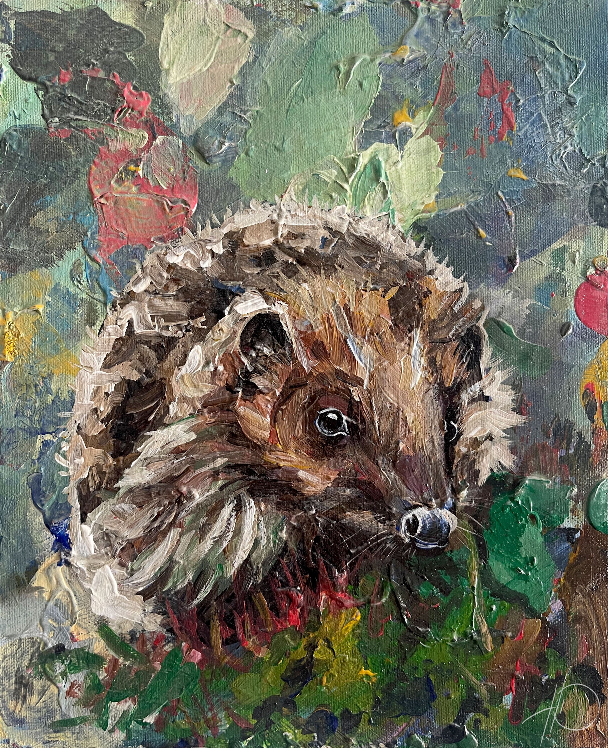 Original Acrylgemälde Igel im Laub, bunter Hintergrund auf Leinwand 
handgemalte Tierkunst von Heinz Atelier.