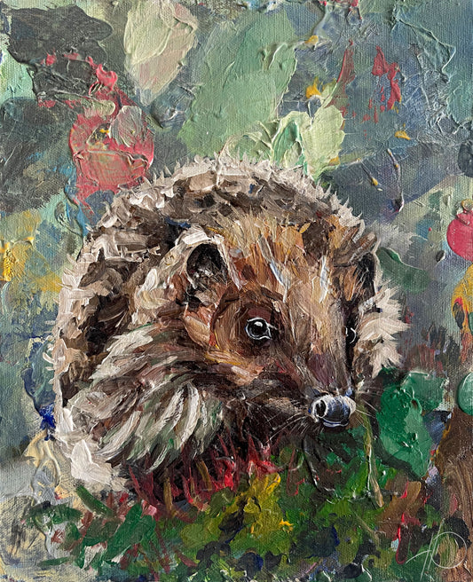 Original Acrylgemälde Igel im Laub, bunter Hintergrund auf Leinwand 
handgemalte Tierkunst von Heinz Atelier.