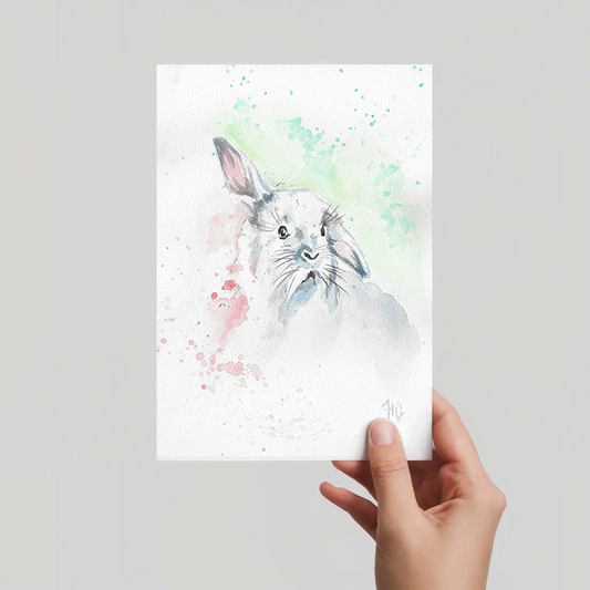 Aquarell Postkarte Kaninchen/Hase mit langen Wimpern, handgemalt, expressive Malweise.