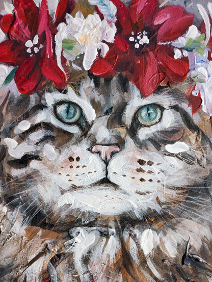 H1Z ART Acrylbild Gemälde Katze im Blumenkranz – handgemaltes Original Acrylbild (40 x 50 cm)
