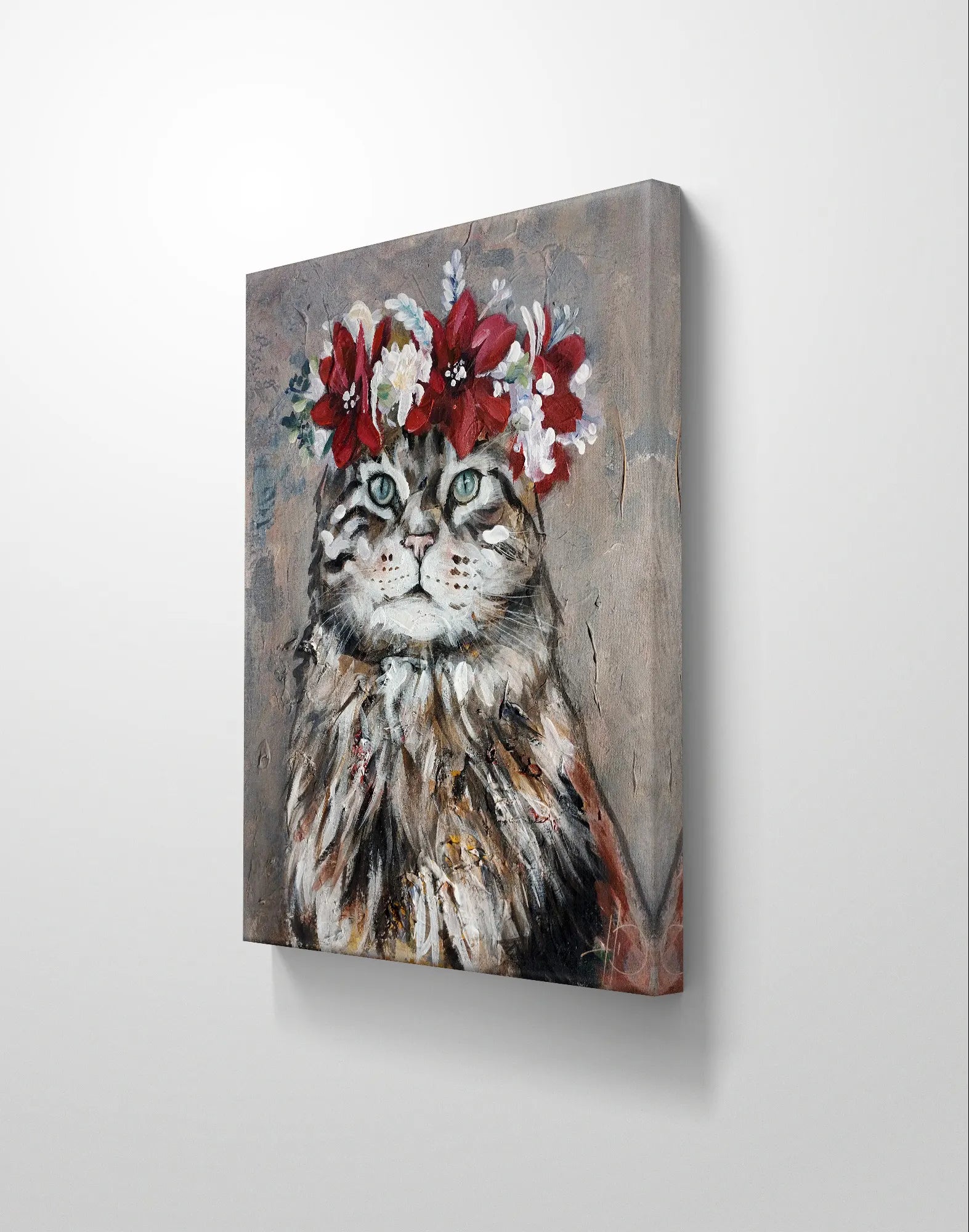 H1Z ART Acrylbild Gemälde Katze im Blumenkranz – handgemaltes Original Acrylbild (40 x 50 cm)