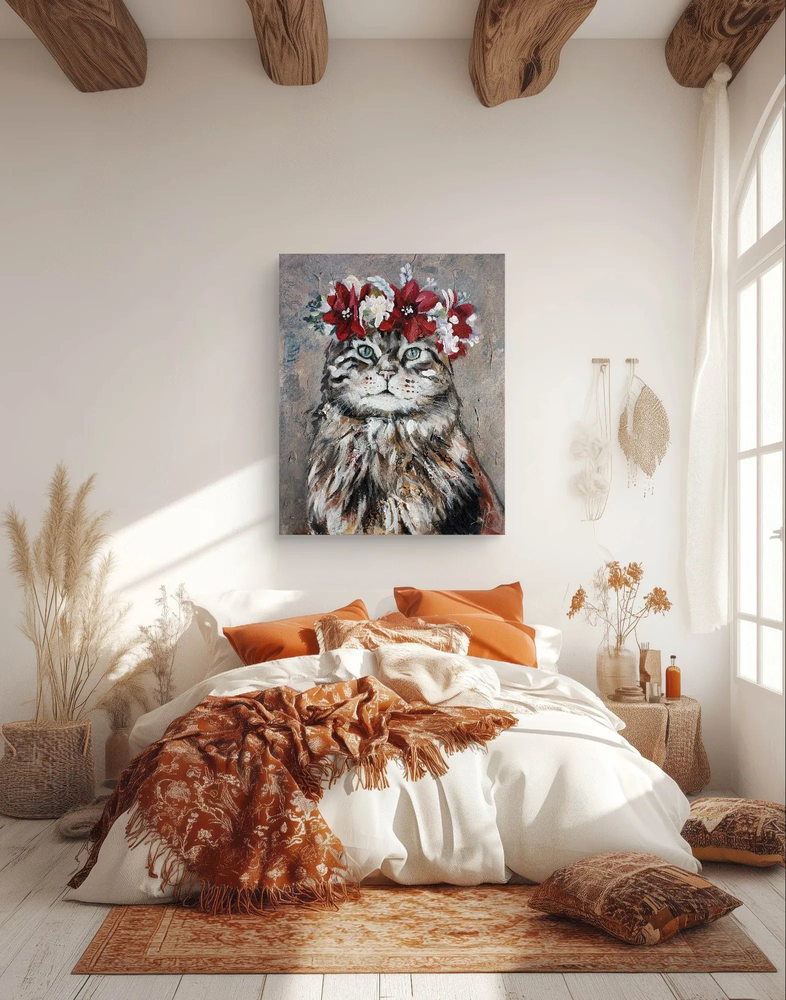 H1Z ART Acrylbild Gemälde Katze im Blumenkranz – handgemaltes Original Acrylbild (40 x 50 cm)