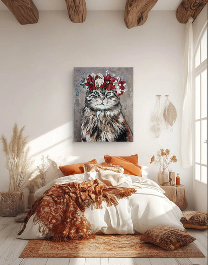 H1Z ART Acrylbild Gemälde Katze im Blumenkranz – handgemaltes Original Acrylbild (40 x 50 cm)