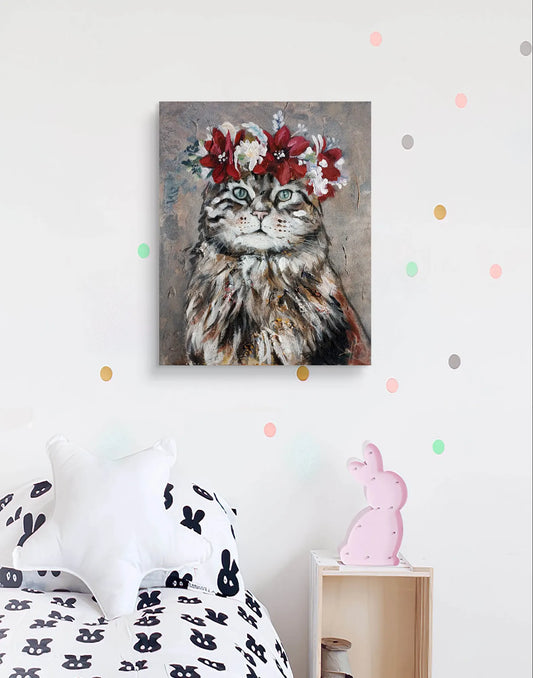 H1Z ART Acrylbild Gemälde Katze im Blumenkranz – handgemaltes Original Acrylbild (40 x 50 cm)