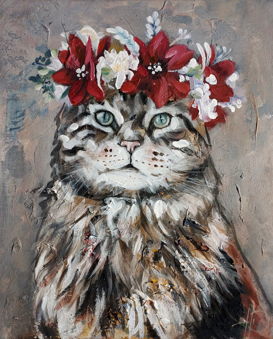 H1Z ART Acrylbild Gemälde Katze im Blumenkranz – handgemaltes Original Acrylbild (40 x 50 cm)