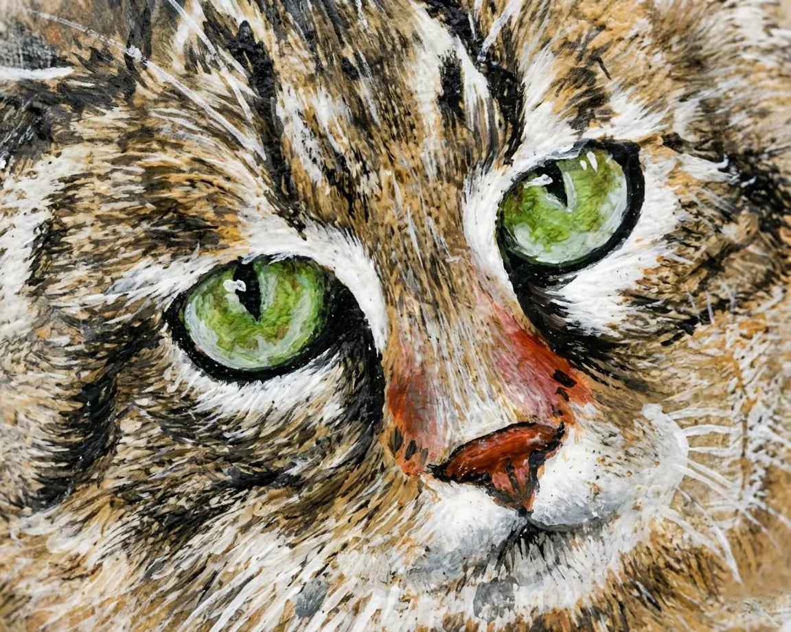 Detailaufnahme bemalter Stein Katze – grüne Augen, feine Acrylmalerei, handgemalt Kieselstein