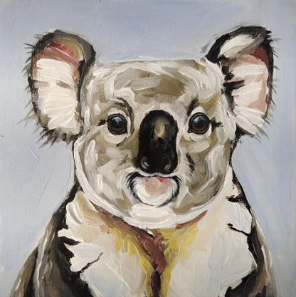 Handgemaltes Koala Acrylgemälde 30×30 cm – ruhiges Tierportrait in Grau und Eukalyptusgrün auf Leinwand