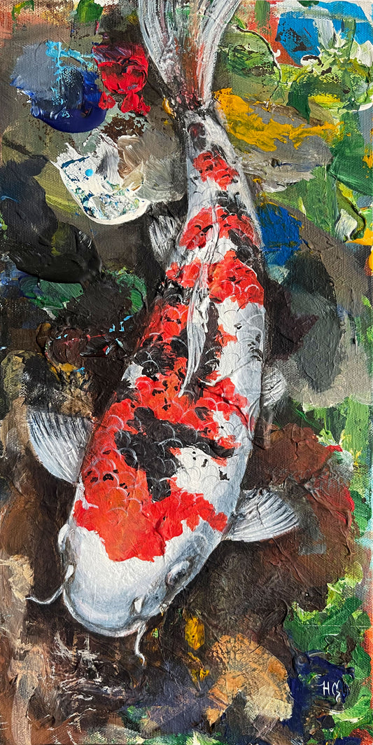 Original Acrylgemälde Koi-Karpfen, erdige Grün-/Brauntöne mit bunten
Akzenten auf Leinwand – handgemalte Tierkunst von Heinz Atelier.