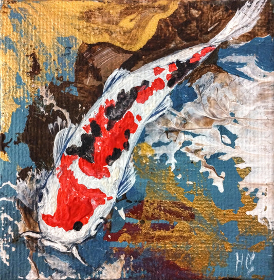 Handgemaltes Koi Miniatur-Acrylgemälde 5×5 cm – Rot-Weiß-Koi in türkis-goldenem Wasser