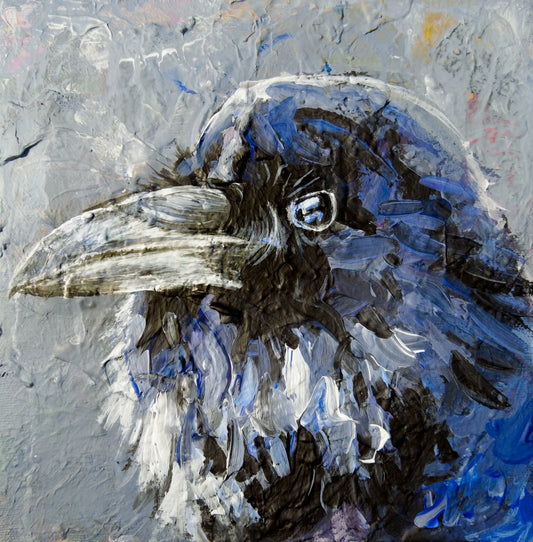 Krähe Acrylbild auf Leinwand, dunkler Vogel mit Blautönen, dekoratives Tierportrait für Wohnzimmer oder Flur