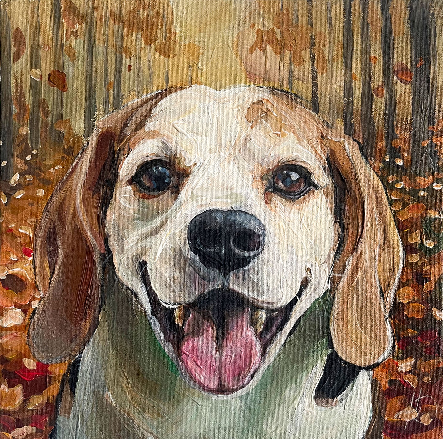 Original Acrylgemälde Lächelnder Hund (Beagle) im Herbstwald auf Leinwand– handgemalte Tierkunst von Heinz Ate