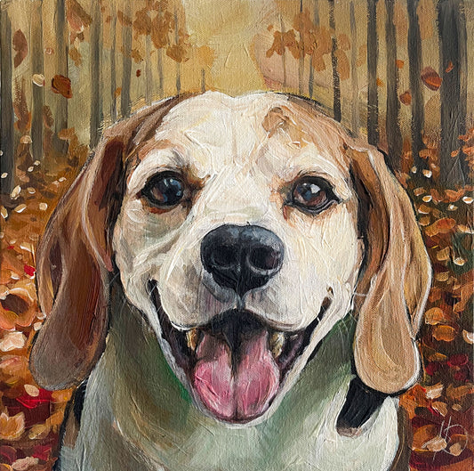 Original Acrylgemälde Lächelnder Hund (Beagle) im Herbstwald auf Leinwand– handgemalte Tierkunst von Heinz Ate