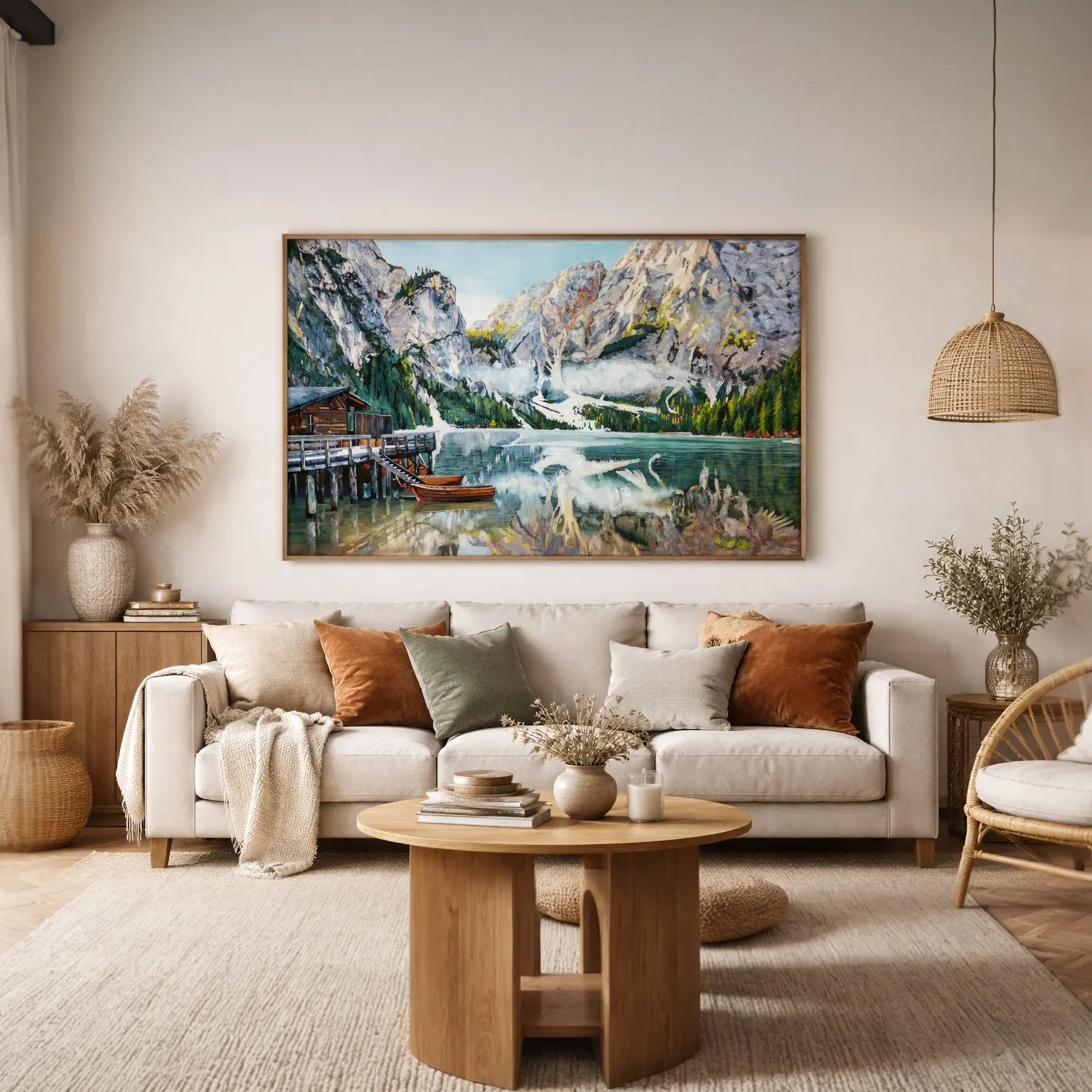 Handgemaltes Landschaftsgemälde auf Leinwand als modernes Wandbild im stilvoll eingerichteten Wohnzimmer.