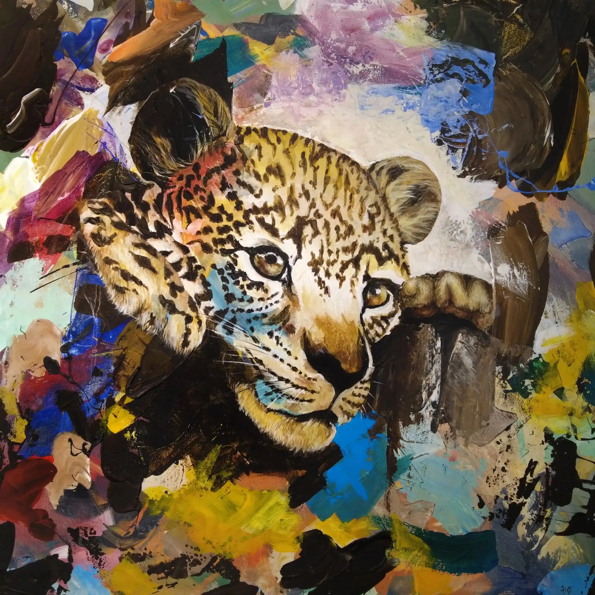 Leopard Acrylbild auf Leinwand mit explosivem Hintergrund, modernes Tierportrait für Wohnzimmer oder Flur
