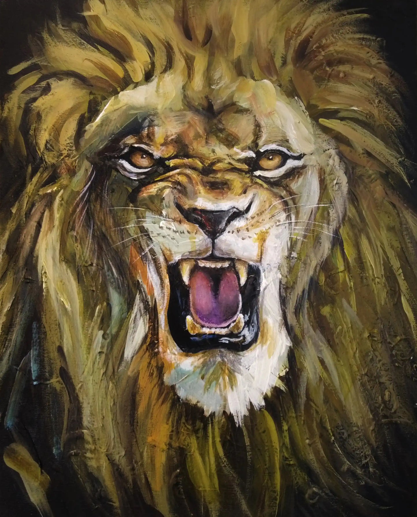 Löwe Acrylbild auf Leinwand mit offenem Rachen, kraftvolles Tierportrait für Wohnzimmer oder Büro