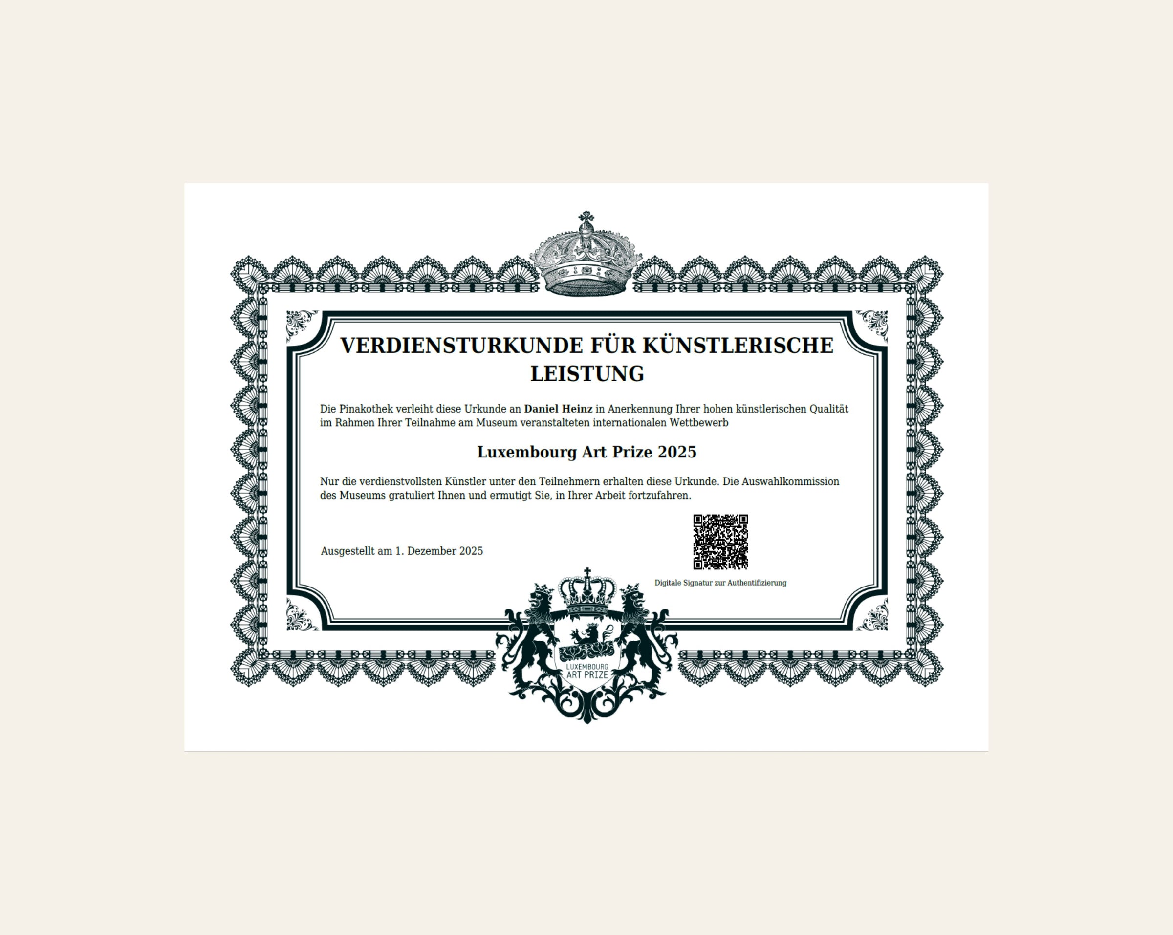 Luxembourg Art Prize 2025, Urkunde